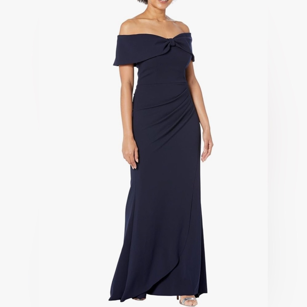 Xscape Long Scuba Off-The-Shoulder Gown